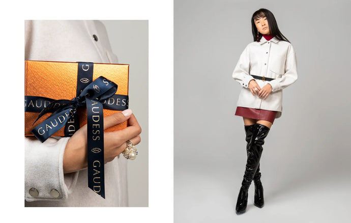 gaudess products and packaging with model Jamie