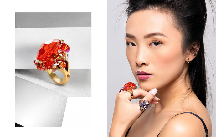 model Jamie with gaudess flare vintage orange ring